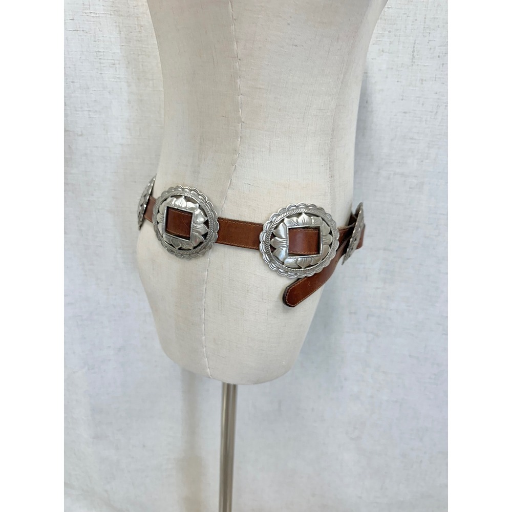 Vintage '93 Brown Leather Sunflower Silver Concho Belt Womens Large Southwestern - Picture 15 of 16
